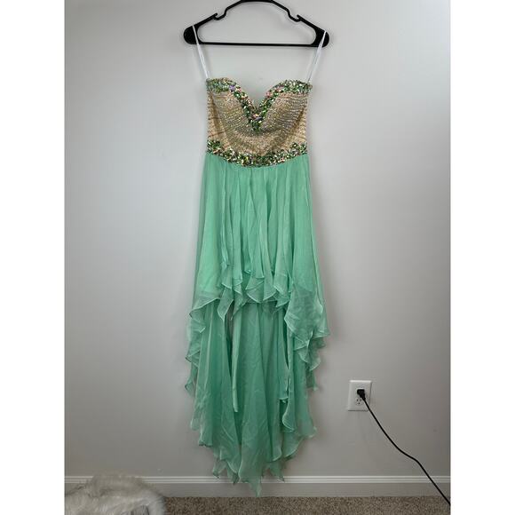 Sherri Hill Sadie Robertson Rhinestone Beaded Strapless High Low Flowy Dress - Picture 2 of 11